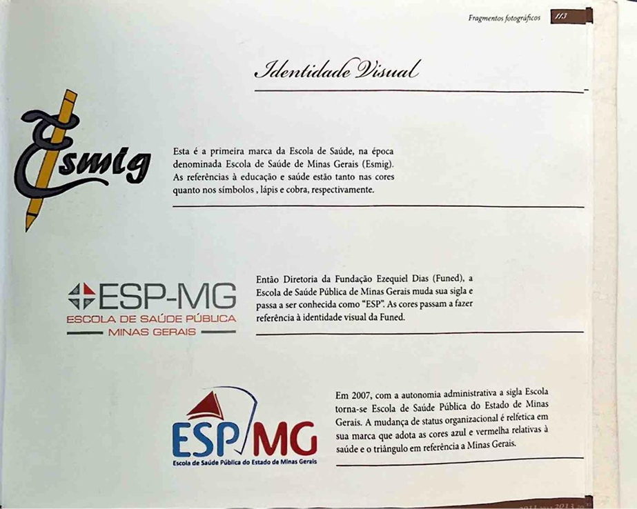 Página histórica com três versões anteriores da marca ESP-MG